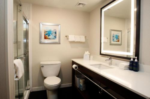 a bathroom with a toilet and a sink and a mirror at Four Points by Sheraton Wakefield Boston Hotel & Conference Center in Wakefield