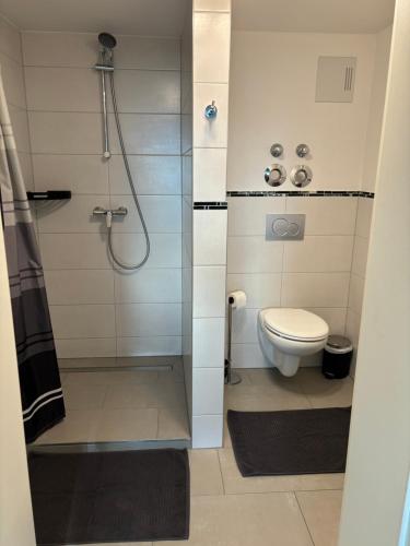 een badkamer met een douche en een toilet bij Ferienwohnung Annashome in Maxhütte-Haidhof