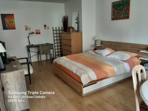 une chambre avec un lit et un bureau dans l'établissement studio Boulogne Billancourt, à Boulogne-Billancourt