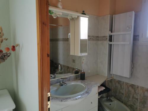 Baño pequeño con lavabo y espejo en Chambre privée cosy, salle de bain et terrasse, en Millas