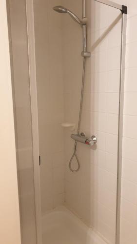 a shower with a glass door in a bathroom at Zeemeermin in Nieuwpoort