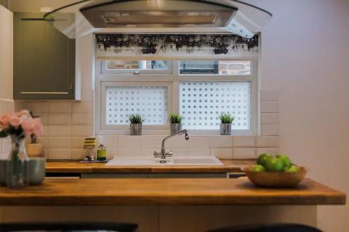 a kitchen with a sink and a window with potted plants at Pass the Keys Gorgeous 4 Bed House - Sleeps 6 in Manchester