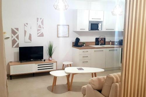 salon z kanapą, telewizorem i stołem w obiekcie L'albizia Studio calme et tout confort w mieście Lucciana