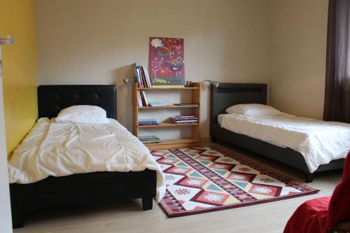 - 2 lits dans une pièce avec un tapis dans l'établissement le Fumant, à Saint-Paul-en-Cornillon