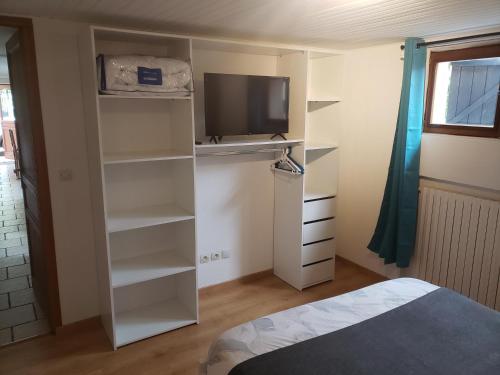 Cette chambre comprend un lit, une télévision et des étagères. dans l'établissement Appartement T2 chez Seb et Claire, à La Bâthie