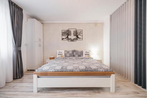 1 dormitorio con 1 cama grande en una habitación en Olivia's Home, en Sibiu