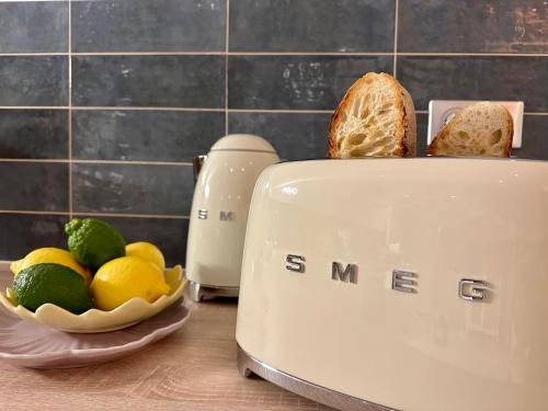 a toaster sitting on a counter with a bowl of bread at Chez Gaston - Entrelacs in Pouilly