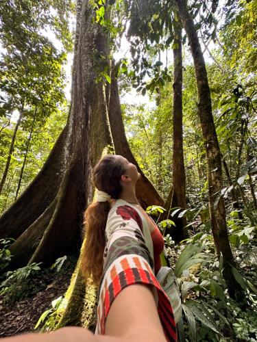 a woman is looking up at a tree in the forest at Gaia Amazon Eco Lodge in Ahuano