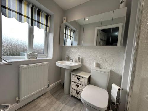 a bathroom with a toilet and a sink and a mirror at Spacious House To Accommodate 6 in Willaston