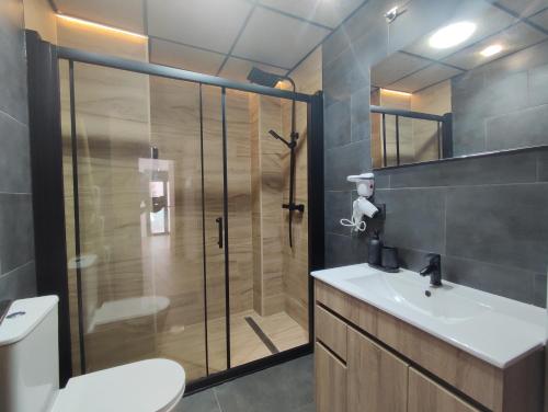 a bathroom with a shower and a toilet and a sink at Ohana homes 3 in Málaga