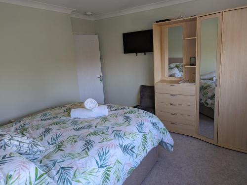 a bedroom with a bed and a cabinet and a television at Little Barham B&B in Wethersfield