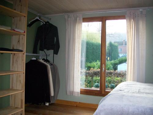 Boskanthuisje في Kluisbergen: غرفة نوم بسرير ونافذة مطلة