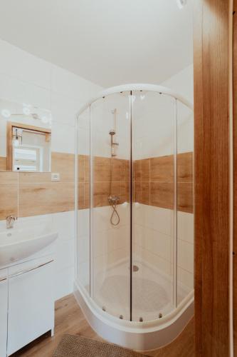 a glass shower in a bathroom with a sink at Ubytovanie Starý dvor in Spišské Podhradie