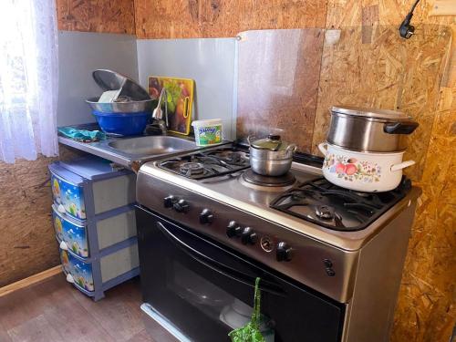 a kitchen with a stove with pots and pans on it at MTIRALA HOTEL ZIPO in Ch'ak'vist'avi