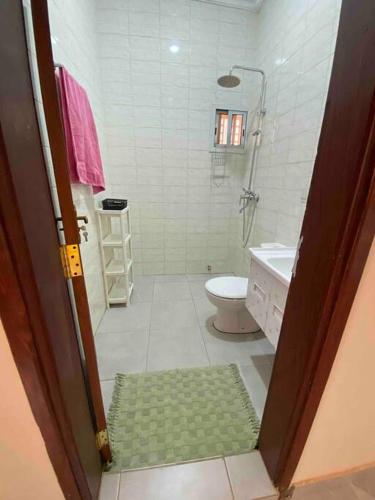 a bathroom with a shower and a toilet and a sink at KMR Apartment - Sira in Sere Kunda