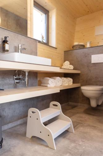 a bathroom with a sink and a toilet at Streuobst Chalets in Neukirch