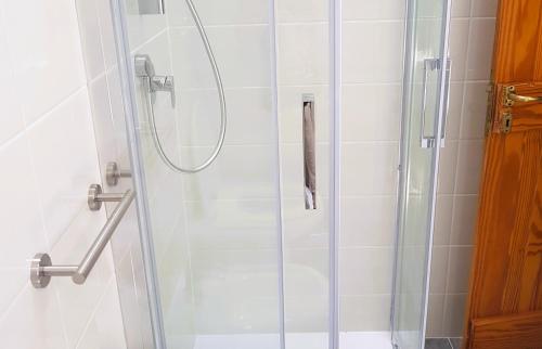 een douche met een glazen deur in de badkamer bij Rosa dei venti in Stintino