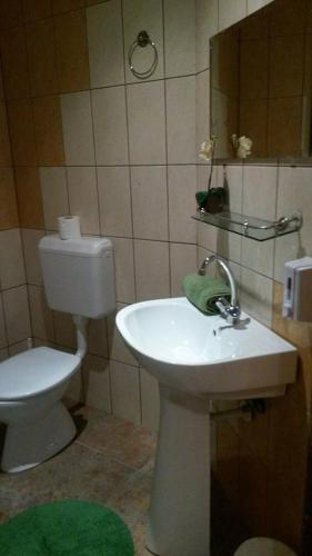 a bathroom with a toilet and a white sink at Abszolút Hotel és Panzió in Nyírbátor