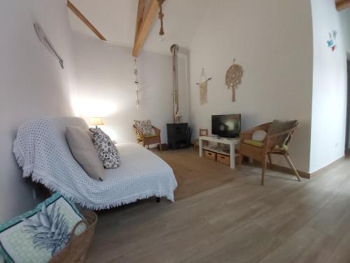 een woonkamer met een bed en een televisie bij Casas do Patheo in Óbidos