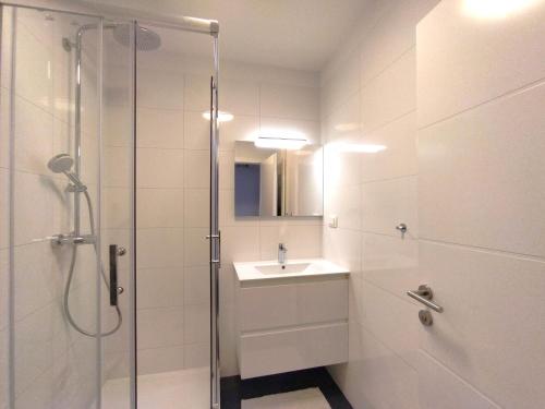 uma casa de banho branca com um lavatório e um chuveiro em 2 Bedroom Apartment Lili em Zagreb