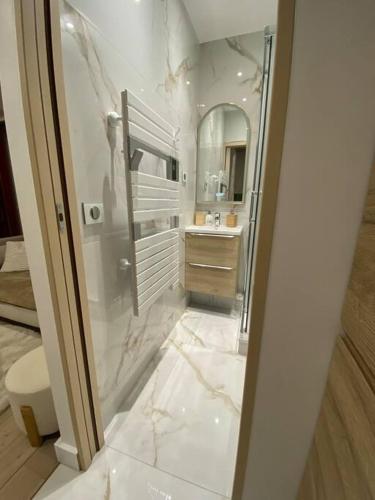 une salle de bain blanche avec un lavabo et un miroir dans l'établissement Joli studio paris 17, à Paris