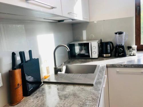 a kitchen counter with a sink and a microwave at Uroczy duży dom nad jeziorem z prywatną przystanią in Steklinek