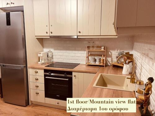 a kitchen with white cabinets and a stainless steel refrigerator at Casa Delicosta- 2 Flat Country house with garden, 15 min from Trikala in Tríkala