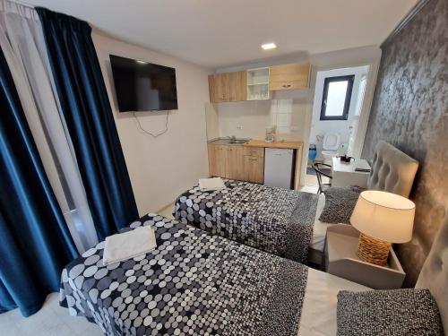 a hotel room with two beds and a tv at Alex Residence in Otopeni