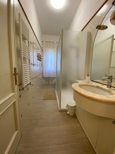 a bathroom with a sink and a shower and a mirror at La tenuta di Eva in Pisa