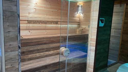 a sauna with a glass door and a shower at El BURGO DE OSMA ALOJAMIENTO RURAL VILLA BAGH in El Burgo de Osma