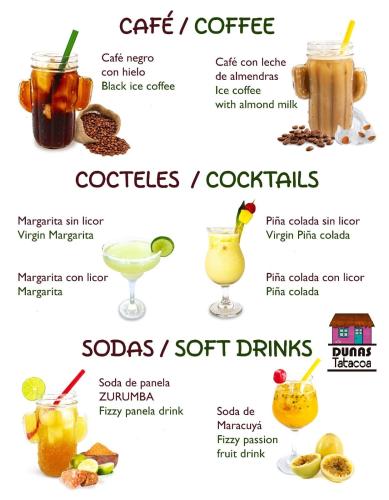 a list of cocktails and soft drinks at Dunas Tatacoa in Villavieja