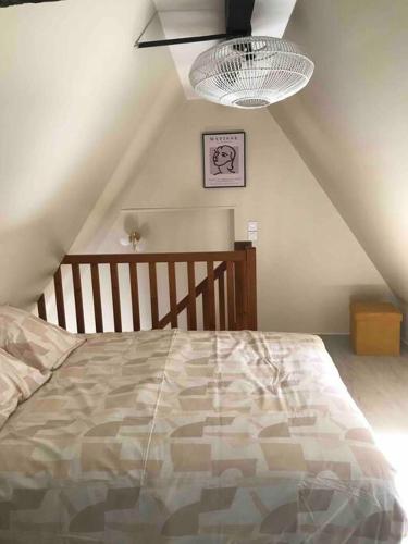 une chambre avec un grand lit avec un plafond dans l'établissement Maison proche centre ville, à Châteauroux
