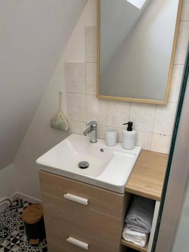 une salle de bain avec un lavabo et un miroir dans l'établissement Maison proche centre ville, à Châteauroux