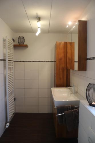 a bathroom with a sink and a mirror at Ferienhäuschen Brohlbachtal in Gamlen