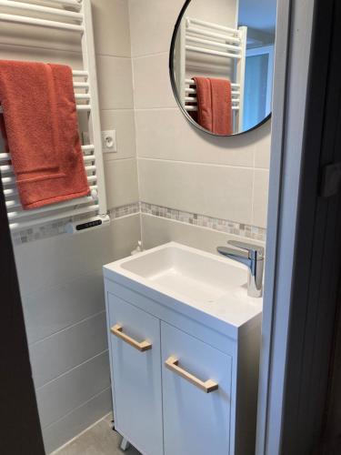 a bathroom with a white sink and a mirror at Chez Élise et Jean Yves in Job