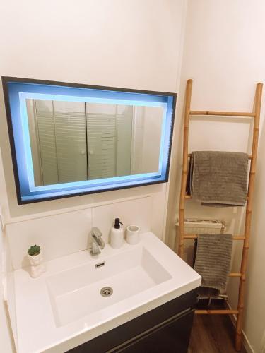 une salle de bain avec un lavabo blanc et un miroir dans l'établissement Le Bouton d or, Studio Lumineux avec vue et parking privé, à Brive-la-Gaillarde