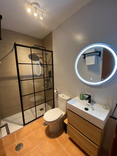 uma casa de banho com um WC, um lavatório e um espelho. em Alojamiento La Tana em Fuenteheridos