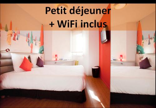 a hotel room with two beds and the words petit designer wifi indus at ibis Styles Saint Brieuc Gare Centre in Saint-Brieuc