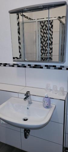 a white bathroom sink with a mirror above it at Zentral und ruhig in Auerbach in Auerbach