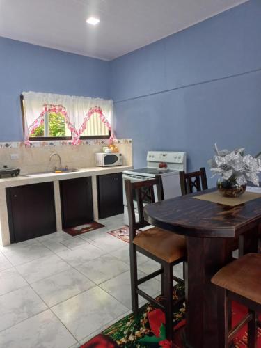 uma cozinha com uma mesa e cadeiras e um lavatório em Casa Hortensia em Península de Nicoya