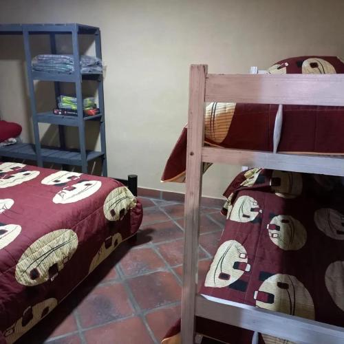 ein Schlafzimmer mit einem Etagenbett und einem Bett mit Pandapillen in der Unterkunft Alquileres de la sierras gde in Tandil