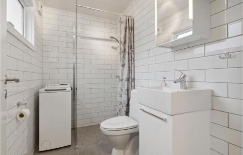 ein weißes Bad mit einem WC und einem Waschbecken in der Unterkunft Lovely Home In Frvang With Kitchen in Fårvang