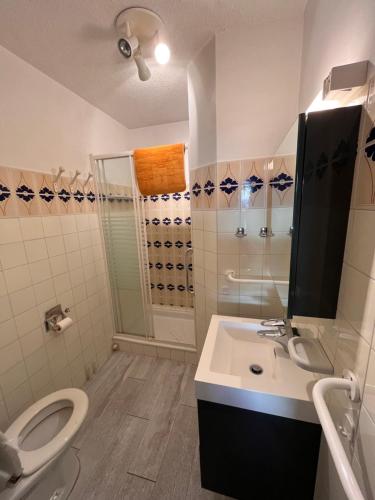 une salle de bain avec toilettes, lavabo et douche dans l'établissement face au lac marin, au Barcarès