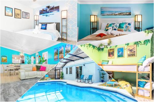 a collage of photos of a hotel room and a pool at Beautiful Tropical Home with Private Heated and Chilled Pool in Kissimmee