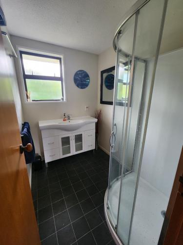 a bathroom with a shower and a sink at Rockhampton in Kurow
