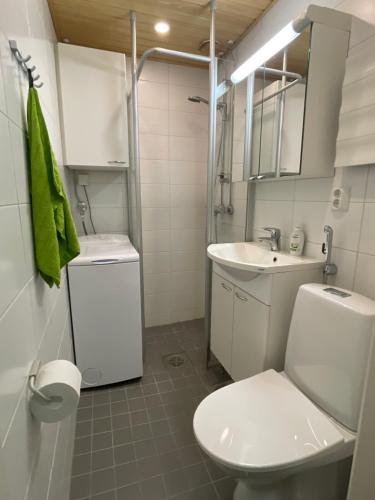 a white bathroom with a toilet and a sink at Rovakatu City apartment in Rovaniemi