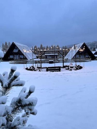 a field covered in snow with a group of huts at Treeline Cabins in Cădăreşti