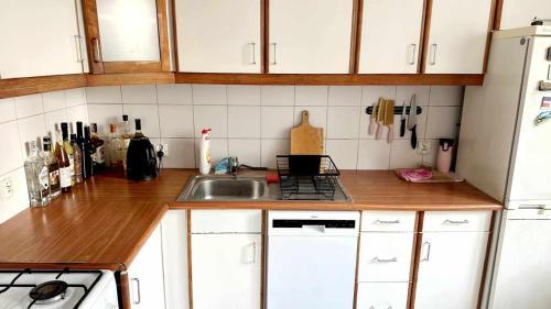 kuchnia z białymi szafkami i zlewem w obiekcie SilverSky Apartment w Warszawie