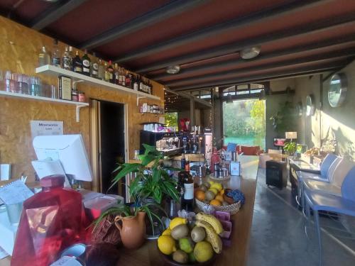 um bar com um monte de fruta na mesa em Albergue & Cafetería Vía de la Plata Hervás em Hervás
