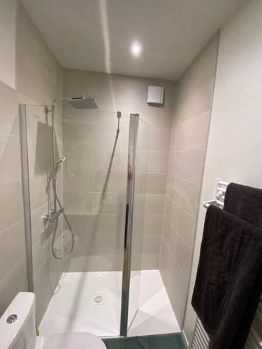 La salle de bains est pourvue d'une douche avec une porte en verre. dans l'établissement Appartement hypercentre 100% équipé *Clim*, à Brive-la-Gaillarde